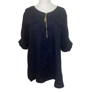 ELLEN TRACY 100% LINEN TUNIC TOP LARGE Navy ROLL TAB SLEEVE GOLD ZIPPER